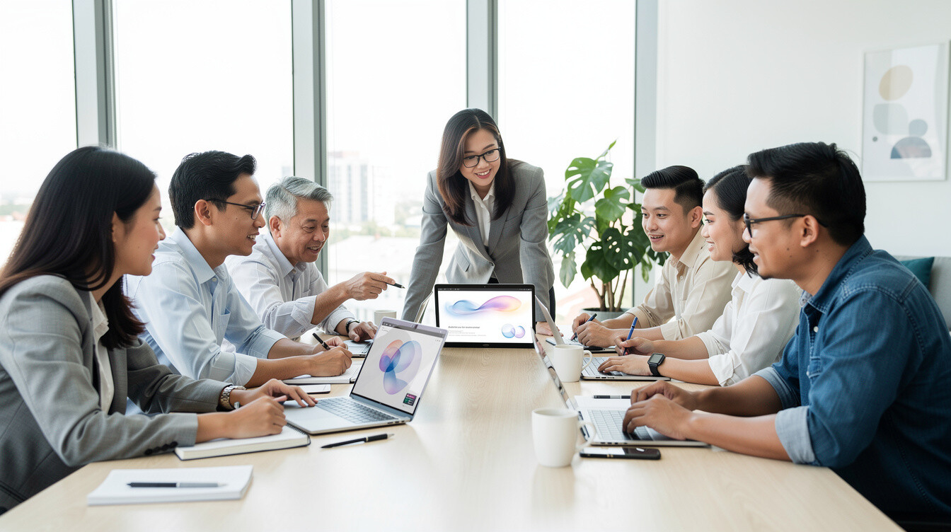 Team collaborating around a table with laptops in a bright office