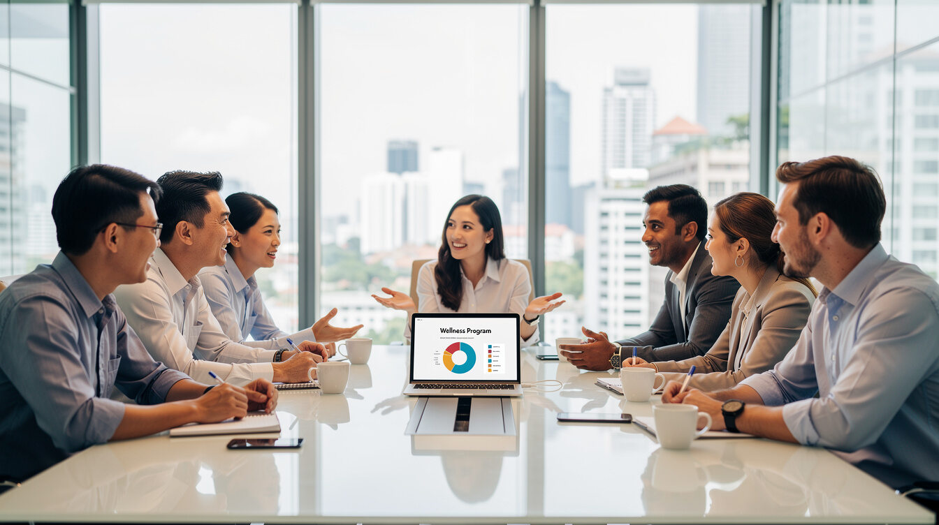 Diverse office team discussing a wellness program in a meeting room