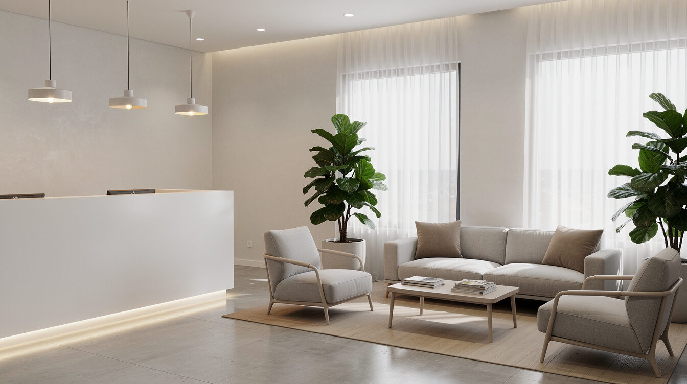 Modern clinic reception interior with comfortable seating