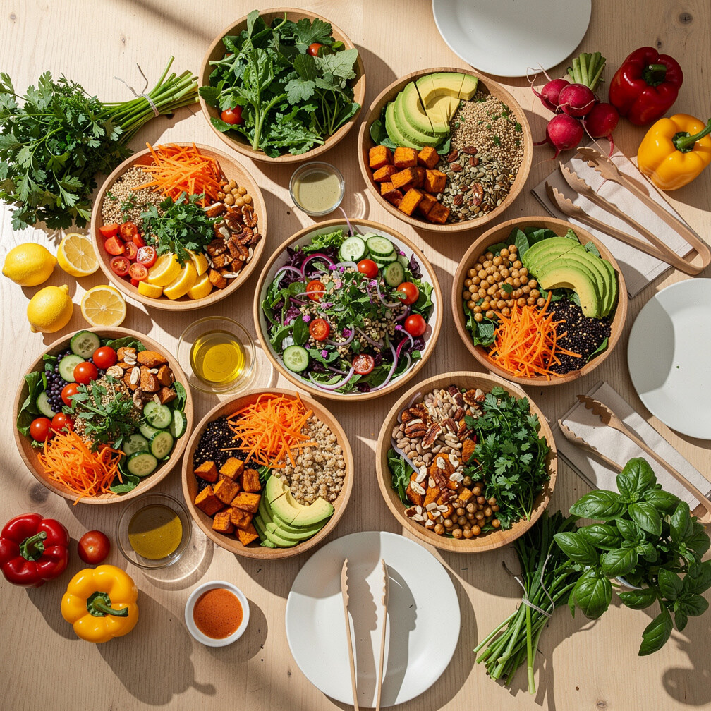 Healthy salad bowl catering spread for corporate wellness programs