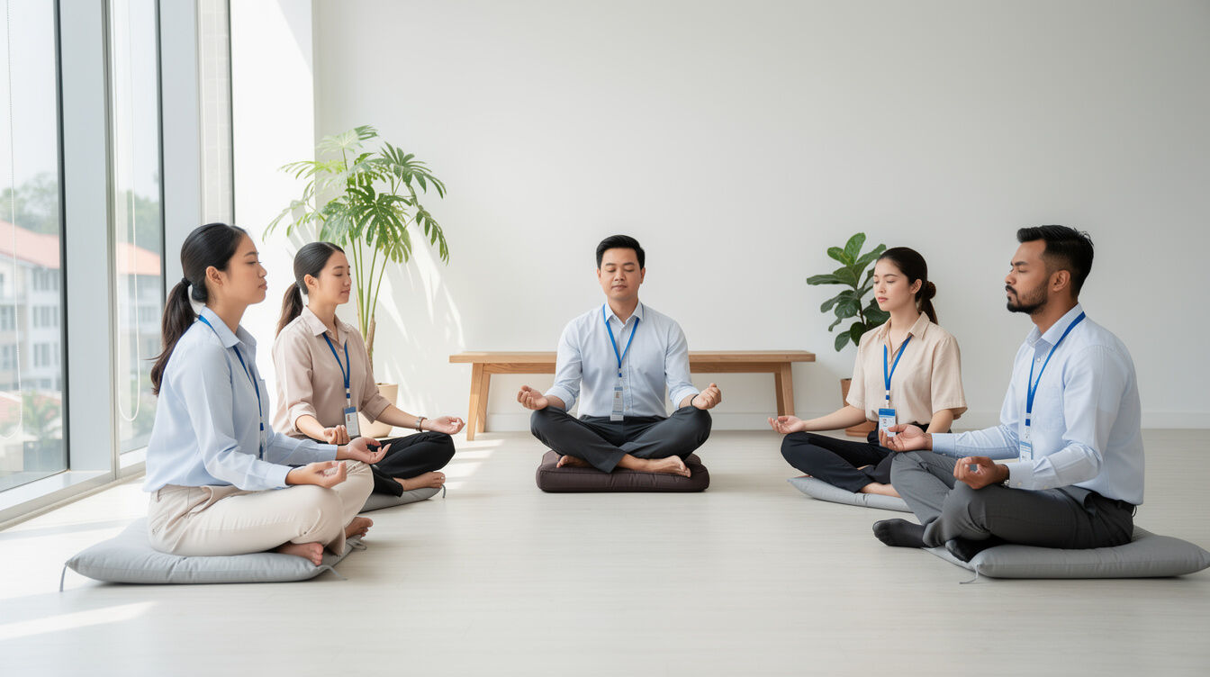 Employees practicing mindfulness meditation together in a bright room