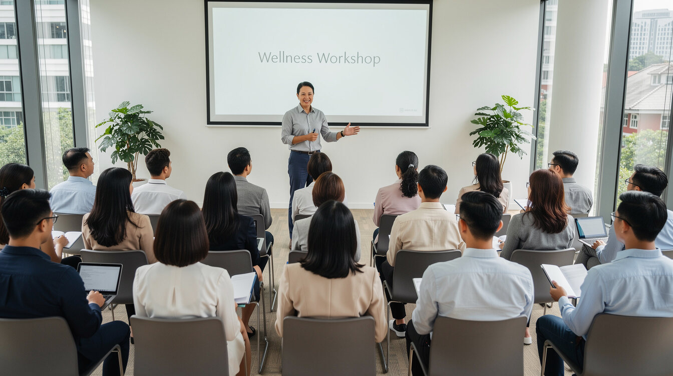 Employees attending a corporate wellness workshop seminar