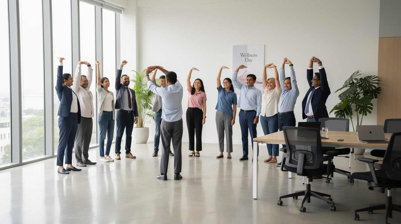 Group of employees stretching together in an office wellness session