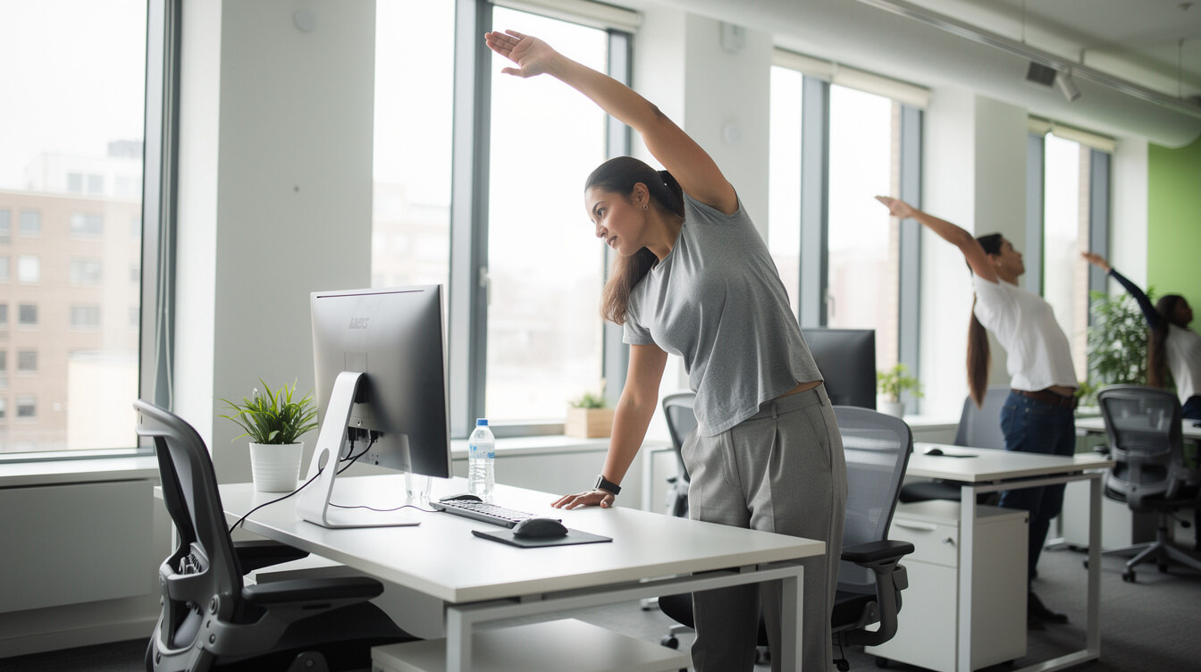 person stretching at desk