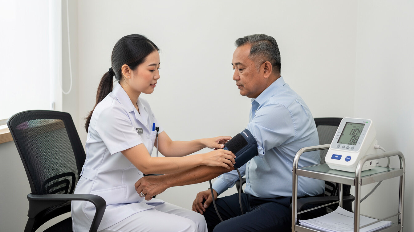 Nurse conducting a health screening checkup on an employee