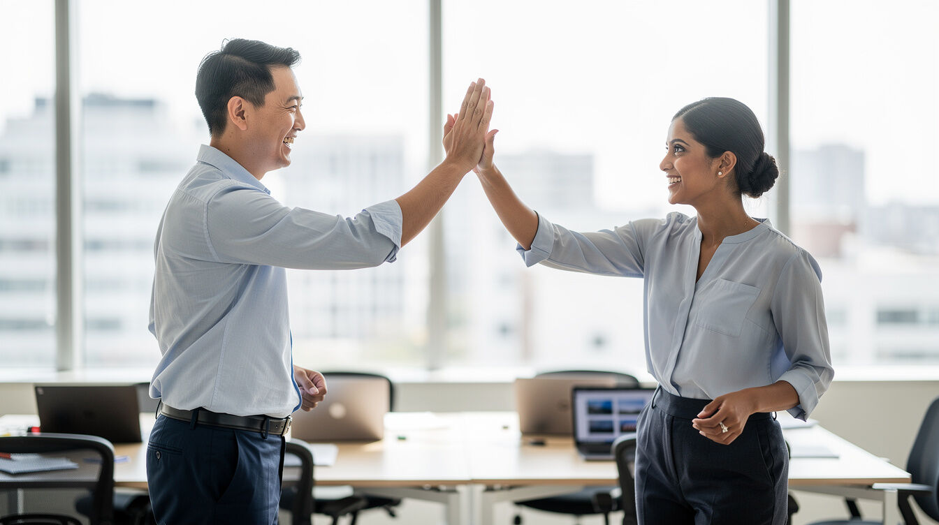 Diverse coworkers celebrating success with a high five