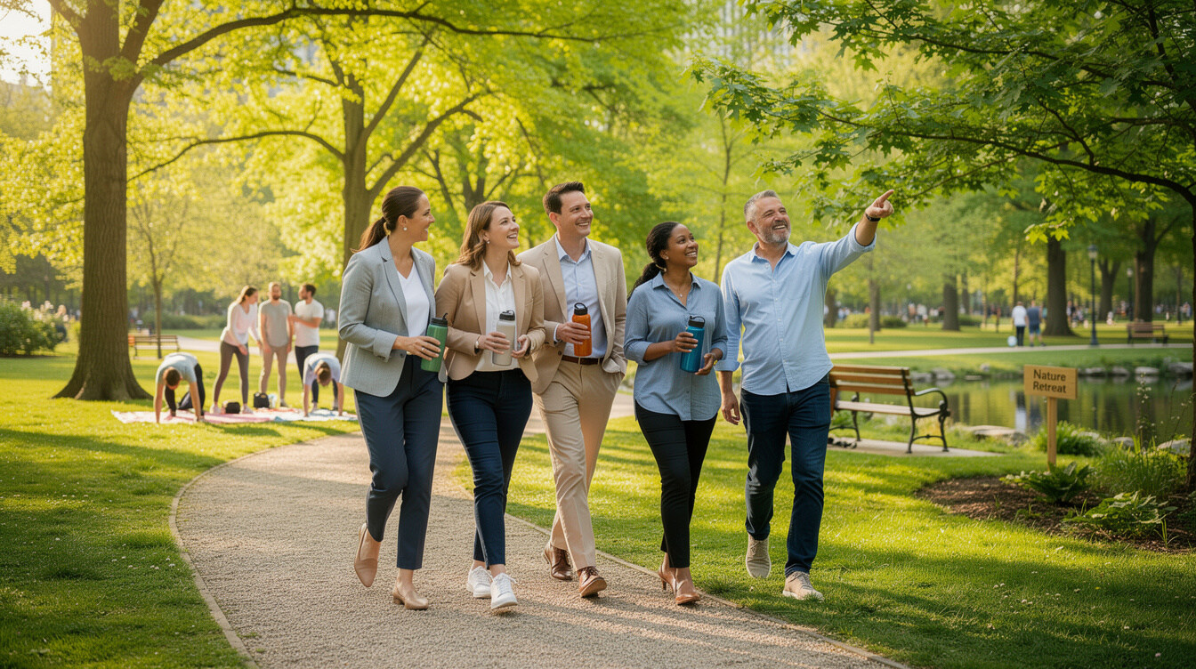 colleagues walking in park