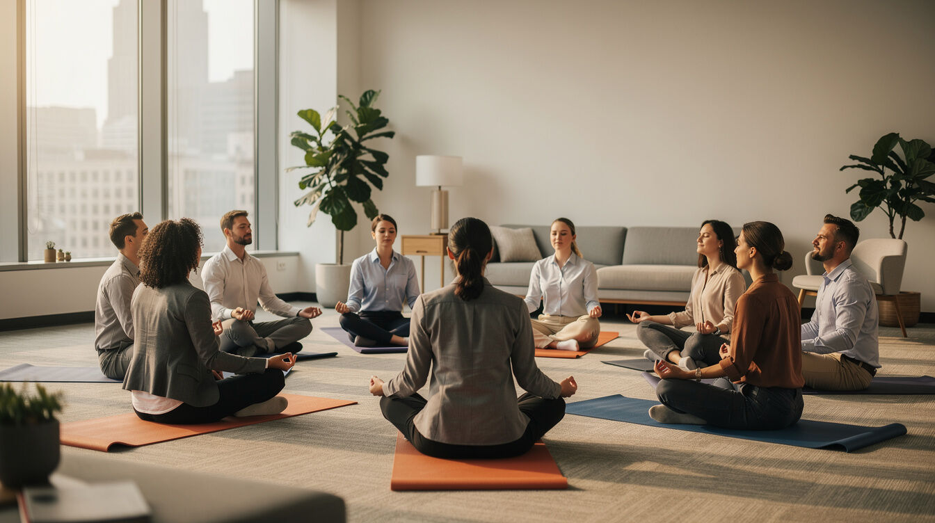 team meditating in office